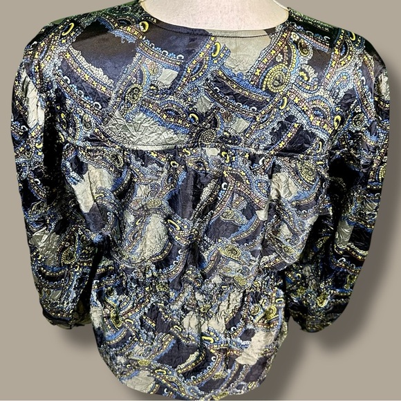 Ganni ‘Crinkled Satin V-Neck Top’ in Olive Green Paisley EU Size 36 = Size Small - Picture 10 of 16
